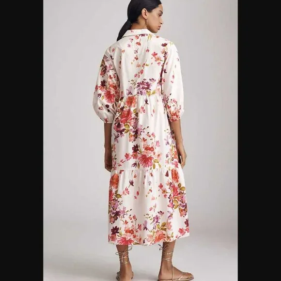 New MP Maeve x Anthropologie The Bettina tiered shirt dress in Cream Floral - Picture 2 of 11